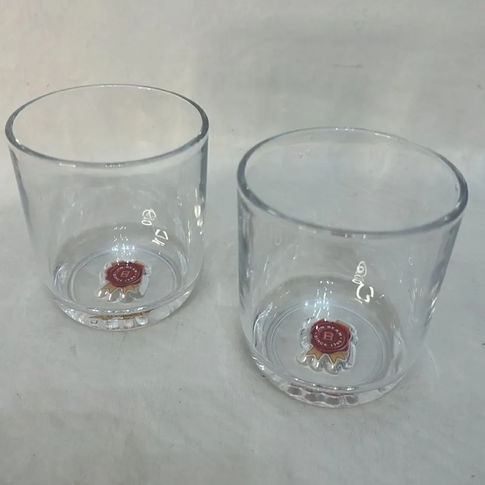Jim Beam Rocks Glasses 8 Oz Each 3 1/2 In Tall 3 In Round Set 2 Red Gold Logo
